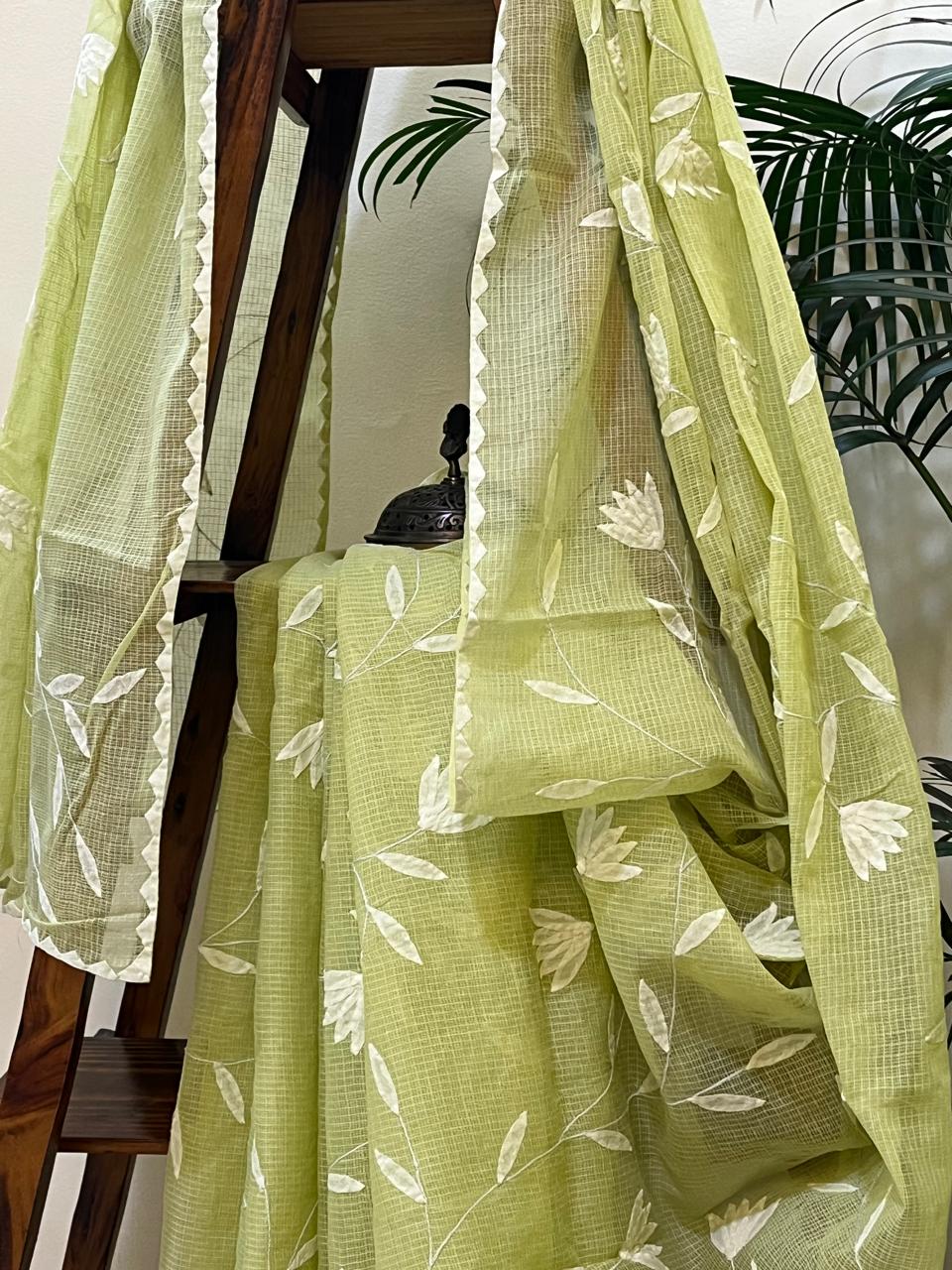 Pure Kota Cotton Phool Patti Saree - Green with White