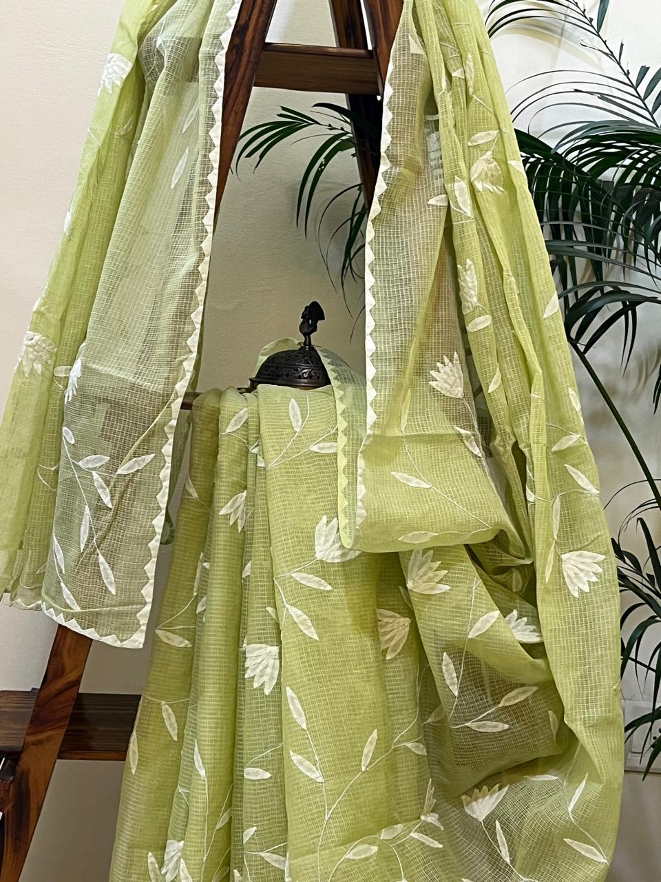 Pure Kota Cotton Phool Patti Saree - Green with White