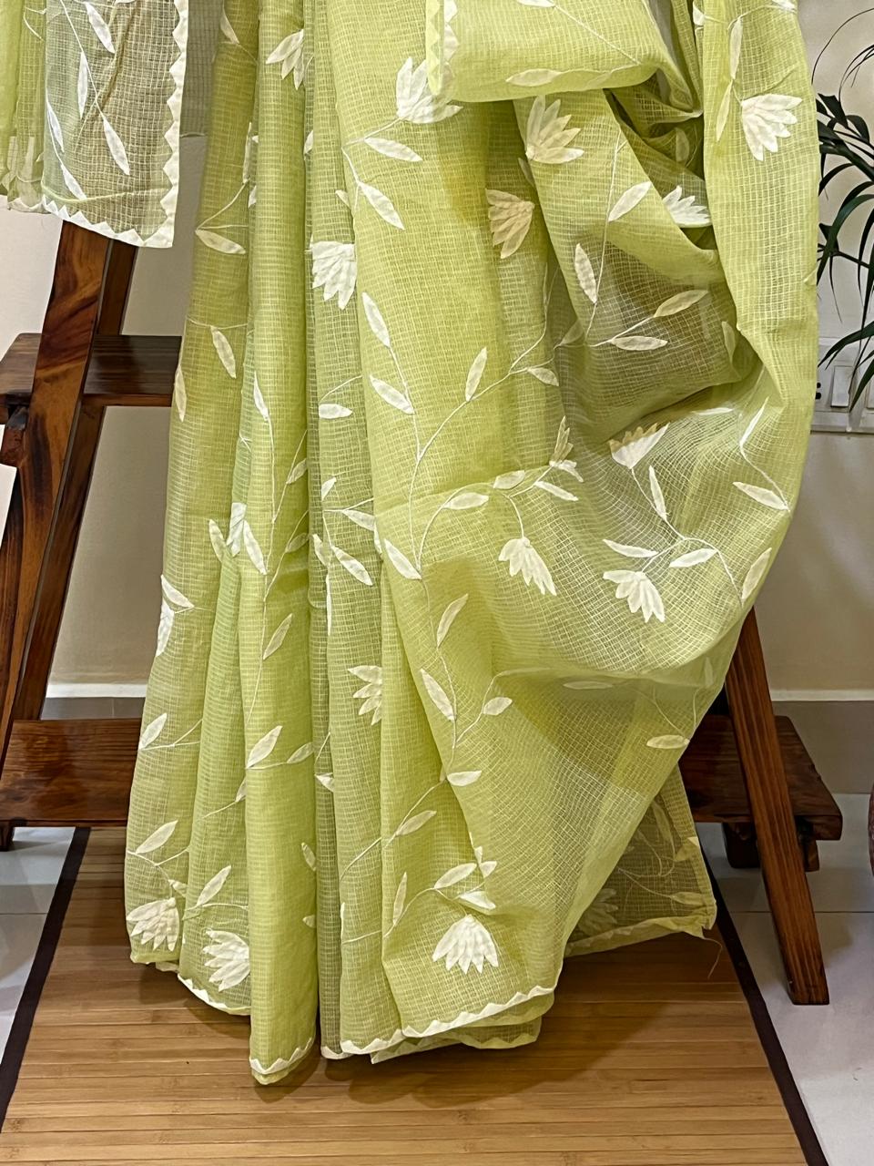 Pure Kota Cotton Phool Patti Saree - Green with White