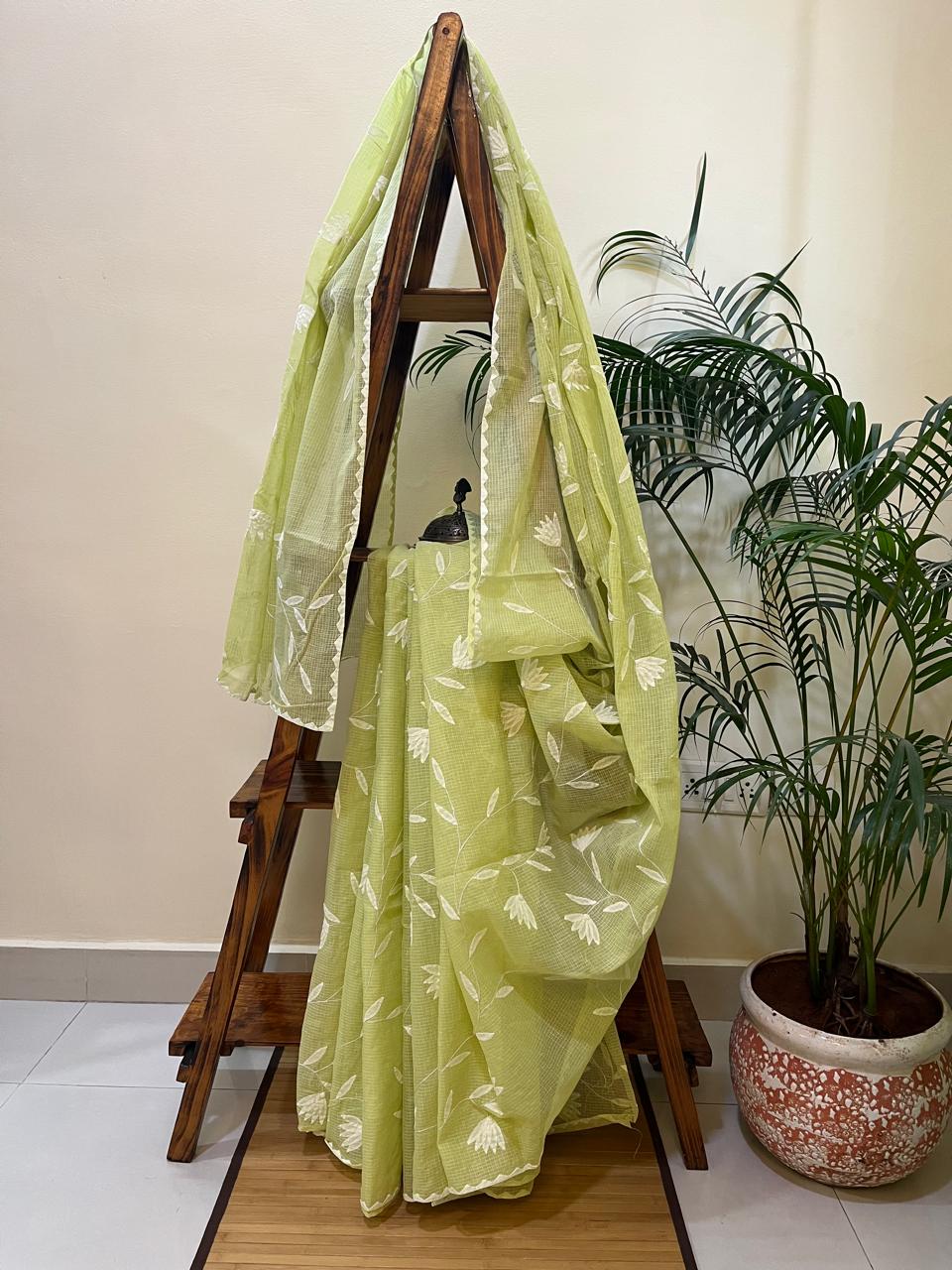 Pure Kota Cotton Phool Patti Saree - Green with White