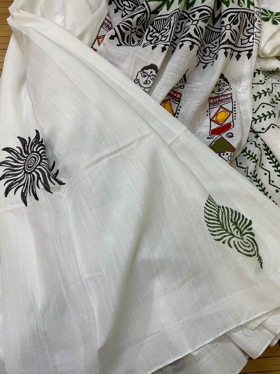 Pure Cotton Handwoven Saree with Block Print and Applique