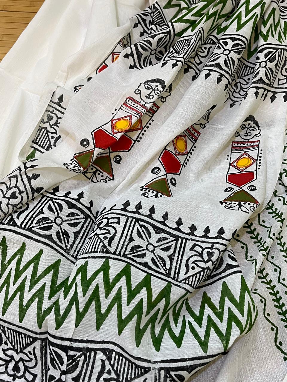 Pure Cotton Handwoven Saree with Block Print and Applique