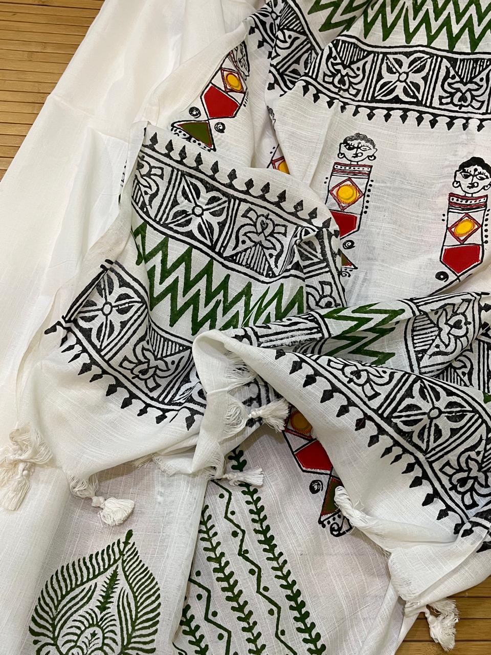 Pure Cotton Handwoven Saree with Block Print and Applique