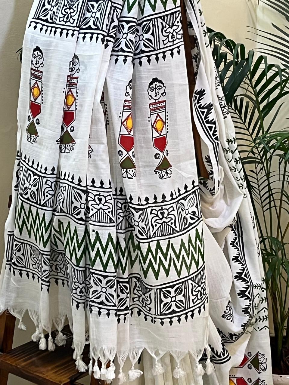 Pure Cotton Handwoven Saree with Block Print and Applique