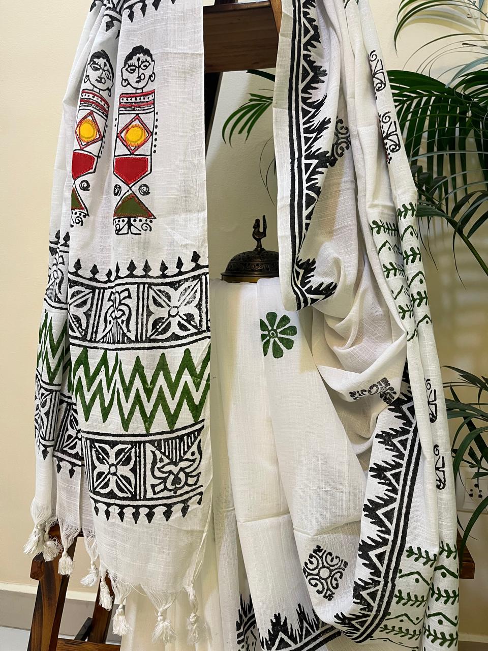 Pure Cotton Handwoven Saree with Block Print and Applique