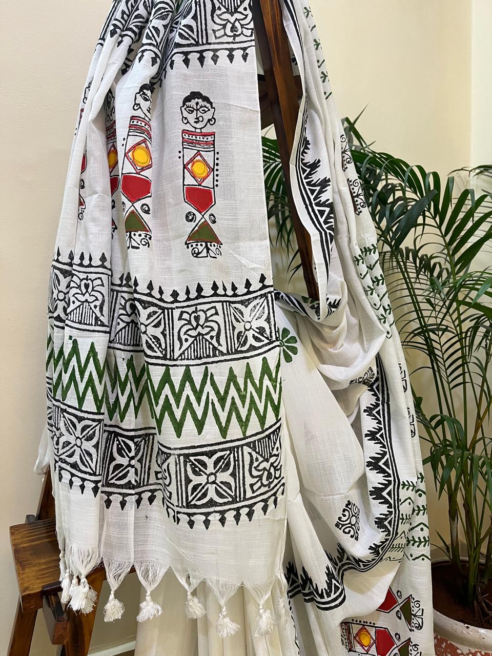 Pure Cotton Handwoven Saree with Block Print and Applique