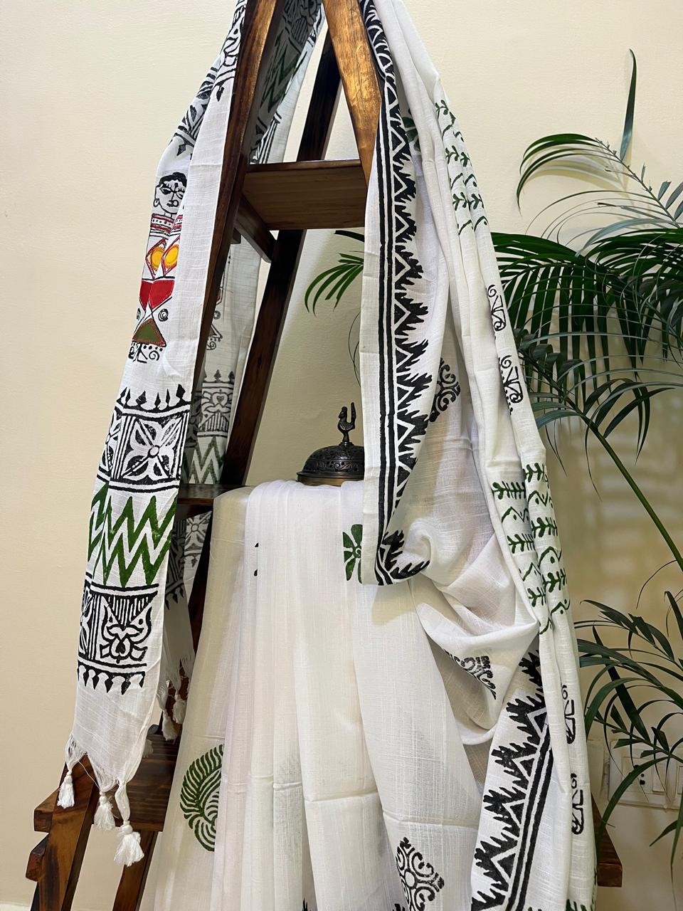 Pure Cotton Handwoven Saree with Block Print and Applique