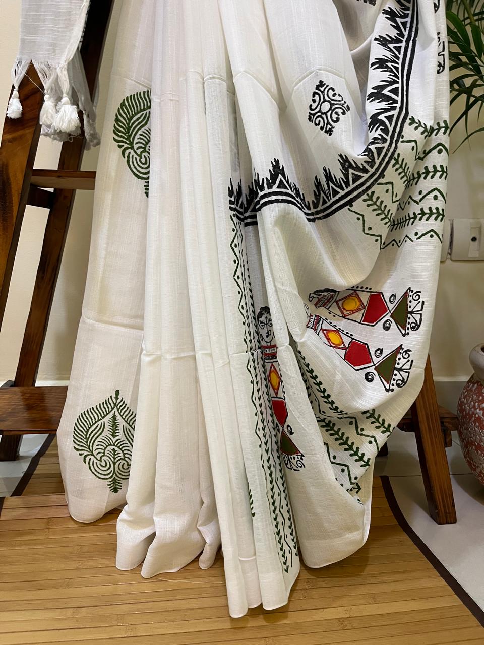 Pure Cotton Handwoven Saree with Block Print and Applique
