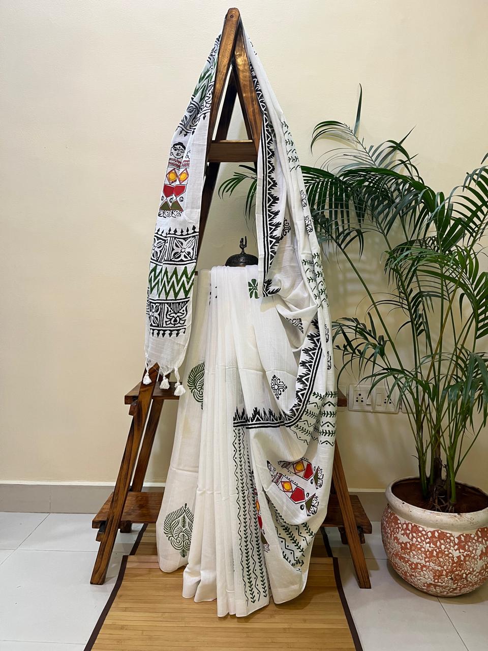 Pure Cotton Handwoven Saree with Block Print and Applique