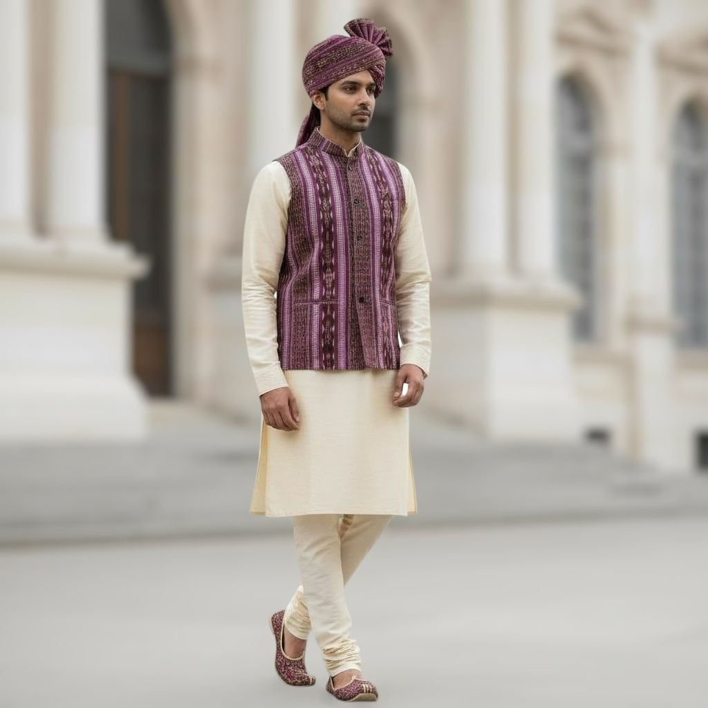 Luxury Sambalpuri Ikat Jacket - Modern Menswear - Plum