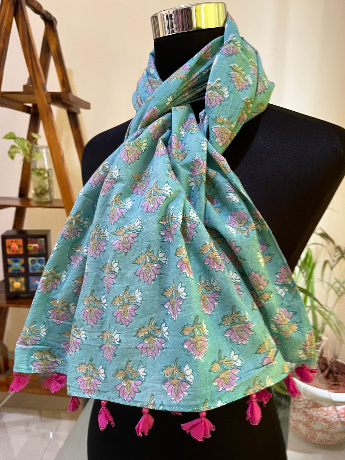 Pure Mul Cotton Hand block Printed Stole with Tassels