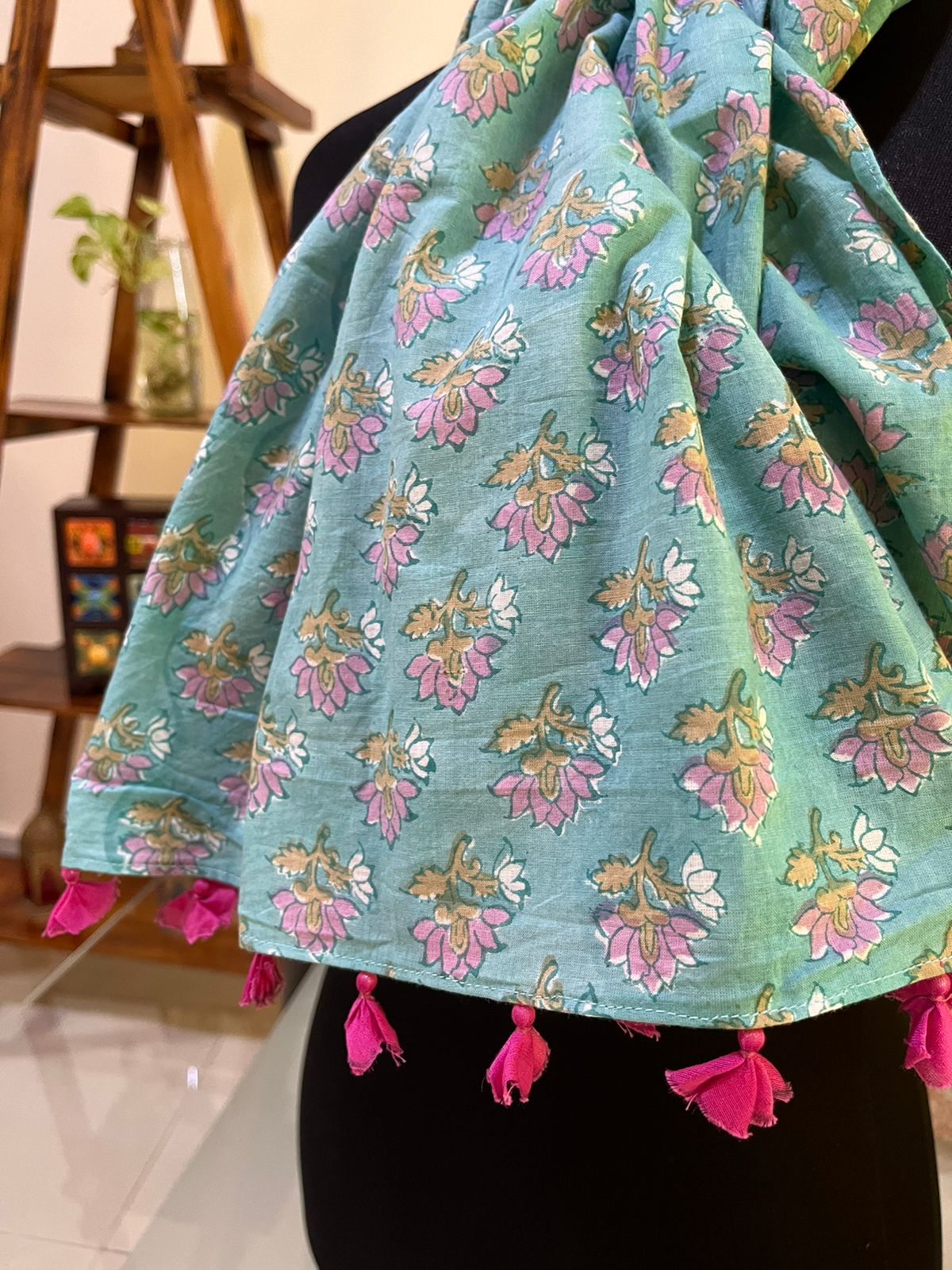 Pure Mul Cotton Hand block Printed Stole with Tassels