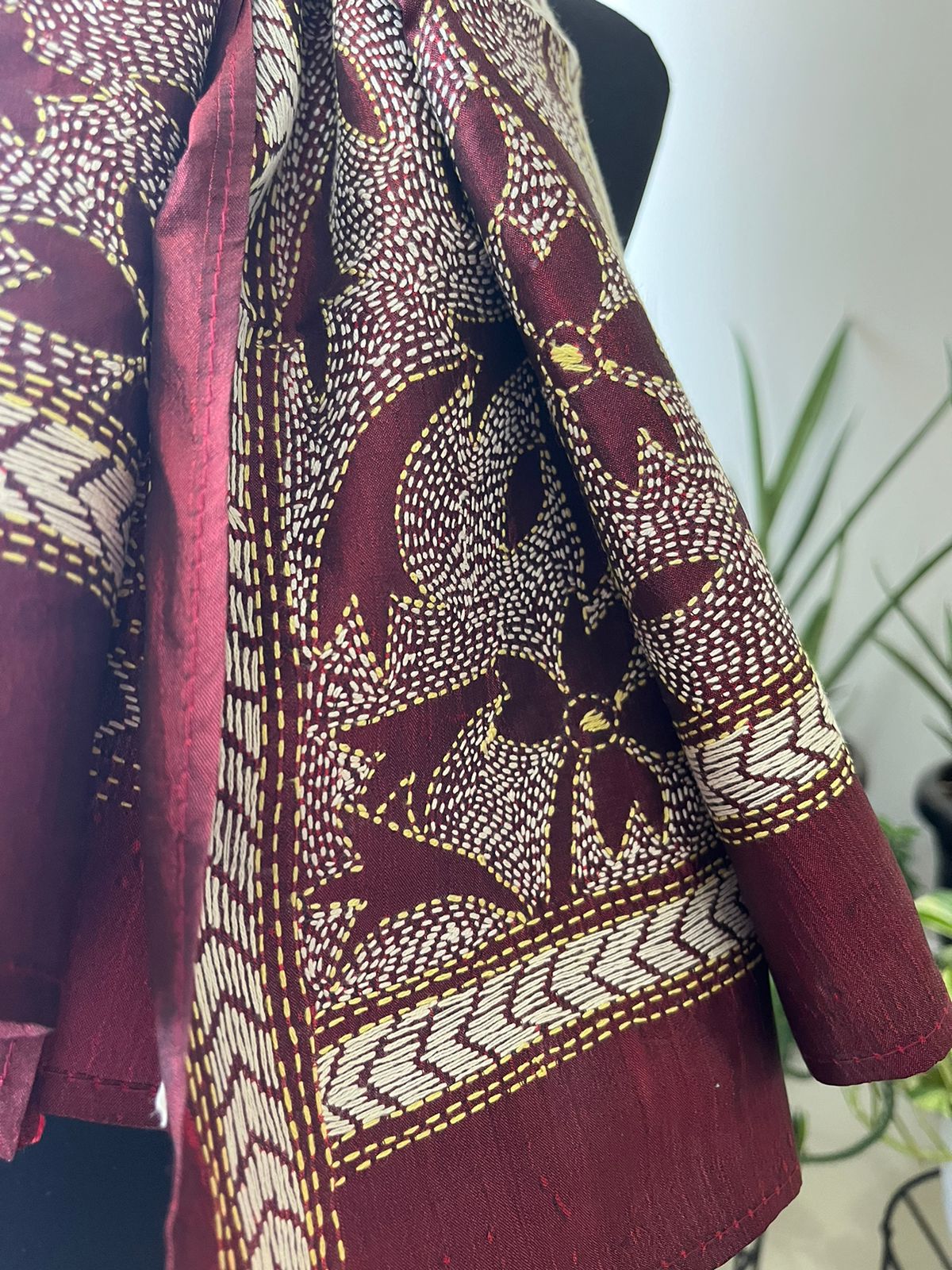 Pure Silk Kantha Hand Embroidered Stole - Maroon
