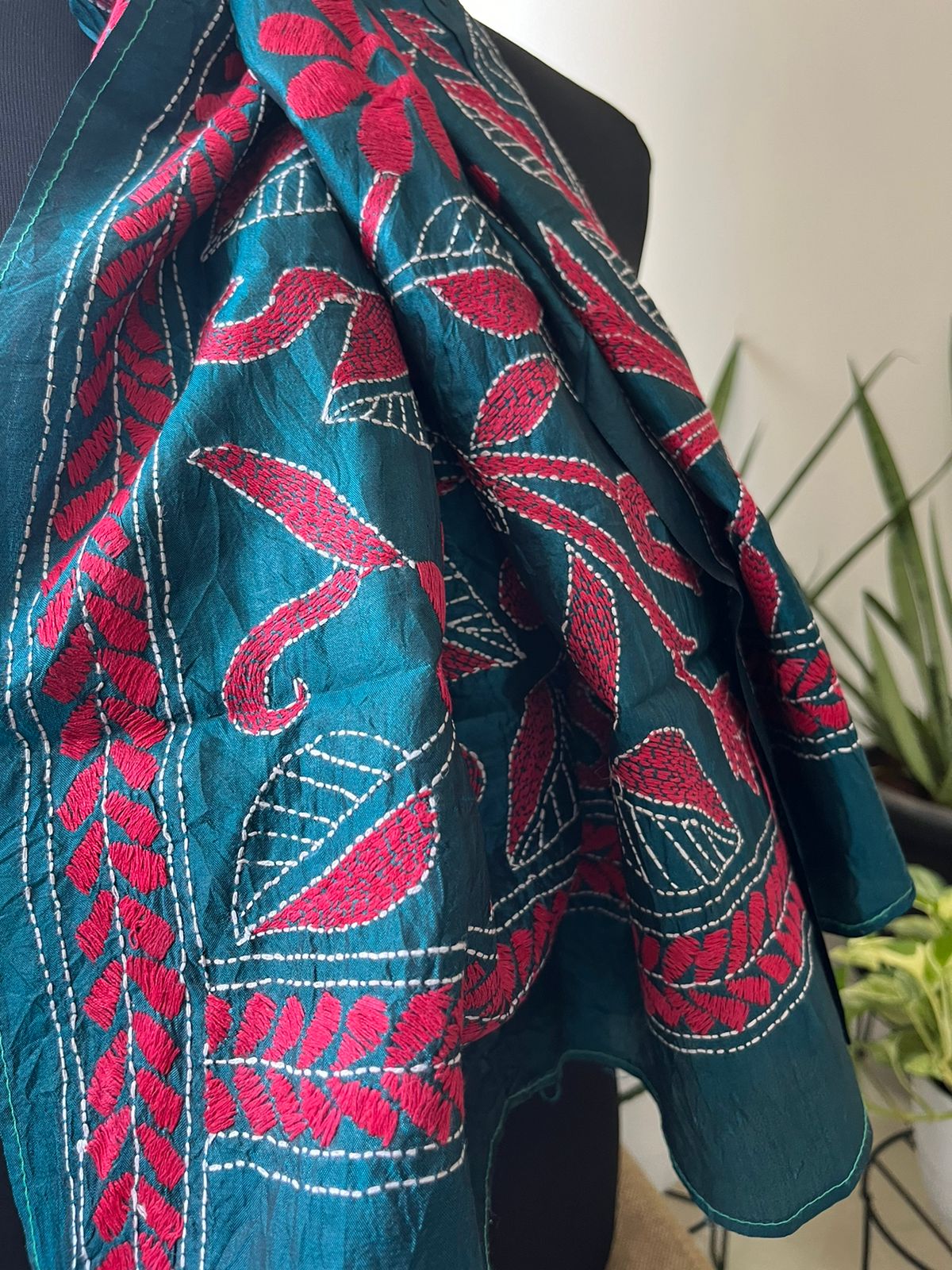 Pure Silk Kantha Hand Embroidered Stole - Blue and Pink