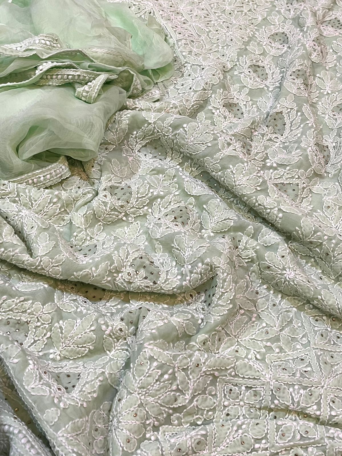 Pure mul cotton Hand Embroidered Chikankari Party Wear 3 piece suit - Pista Green