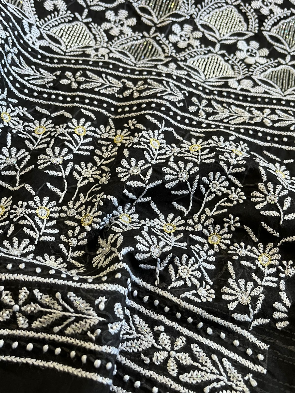 Pure mul cotton Hand Embroidered Chikankari Party Wear 3 piece suit - Black