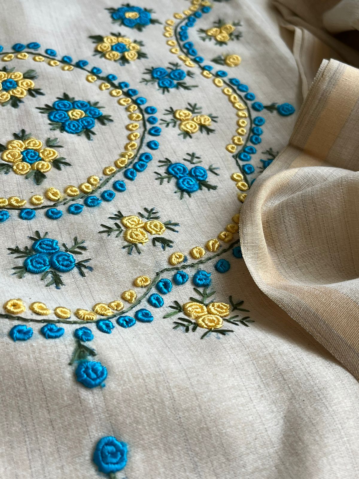 Pure cotton 3-piece suits with French Knot Embroidery work