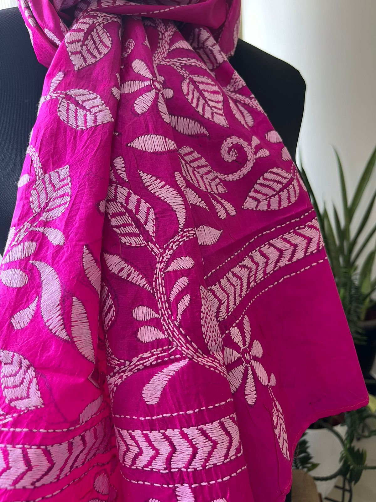 Pure Silk Kantha Hand Embroidered Stole - Pink