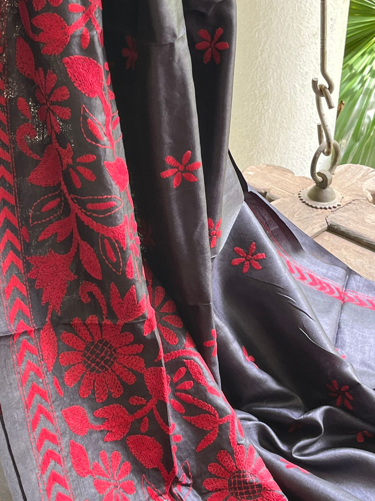 Pure Tussar Silk Handwoven Saree with hand Kantha Embroidery - Charcoal Black with Red
