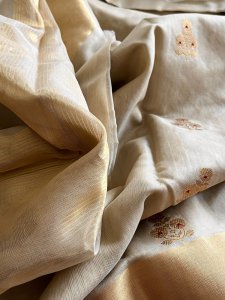 Pure Chanderi Silk Handwoven saree with buttis - Beige with Gold