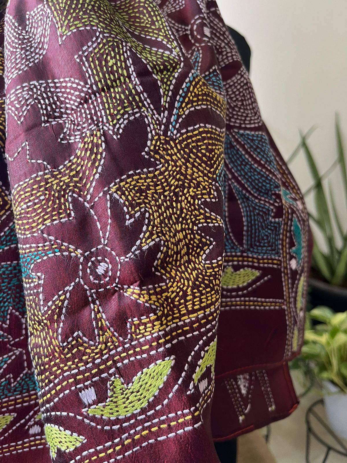 Pure Silk Kantha Hand Embroidered Stole - Maroon