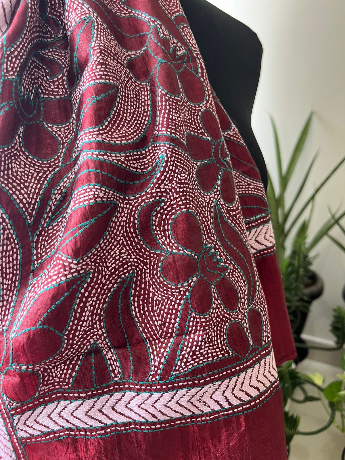 Pure Silk Kantha Hand Embroidered Stole - Wine Red