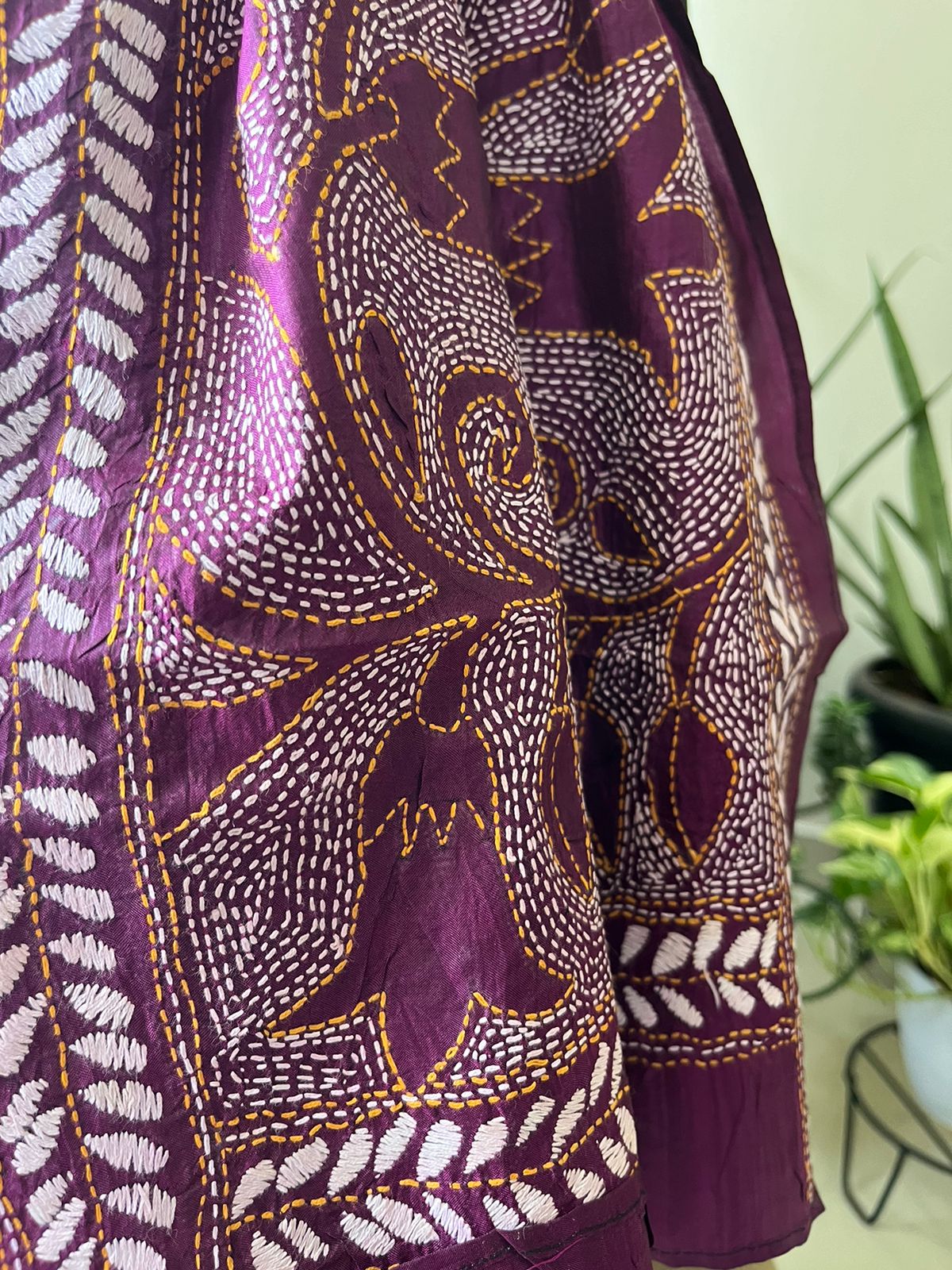 Pure Silk Kantha Hand Embroidered Stole - Maroon