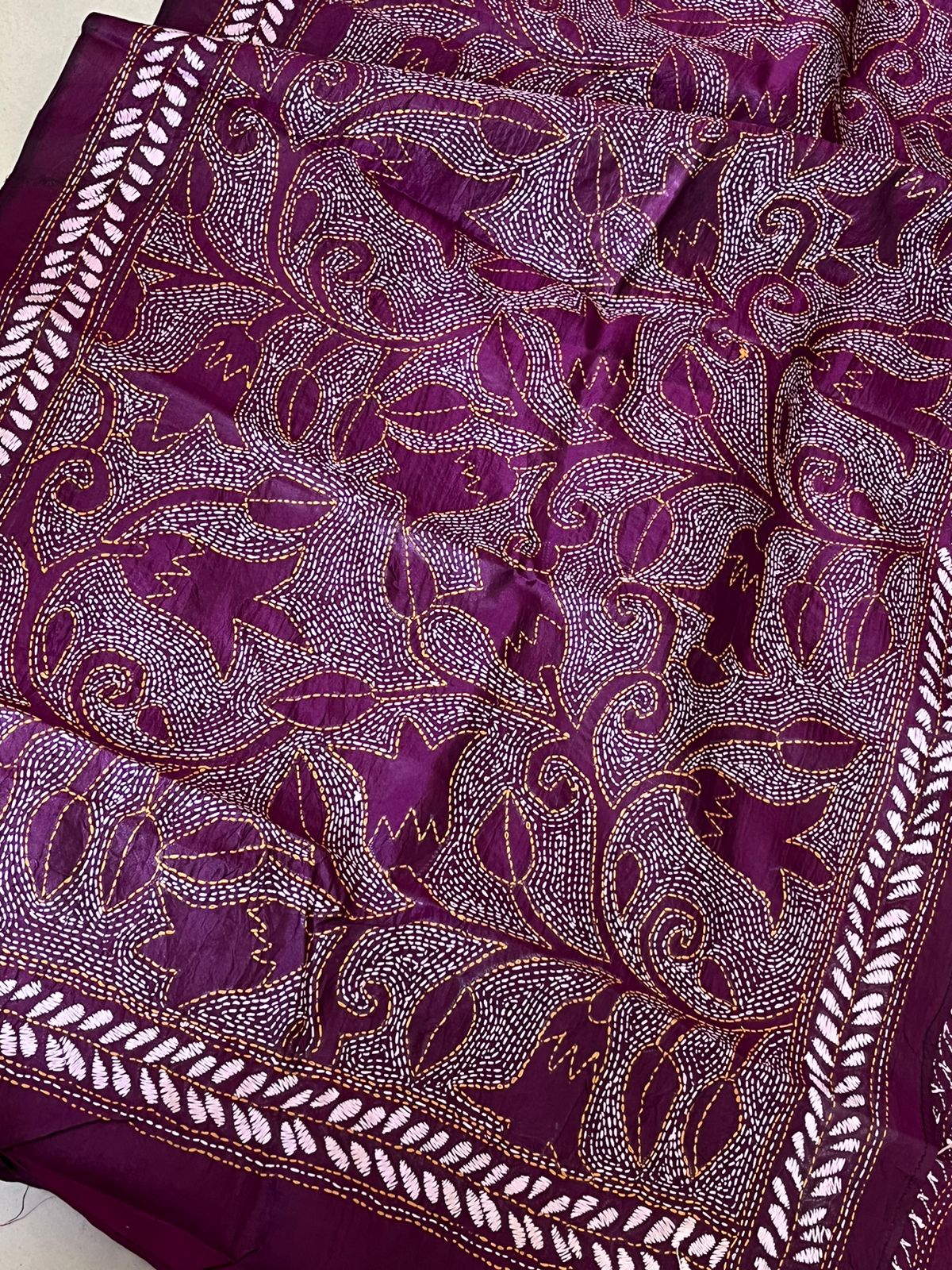 Pure Silk Kantha Hand Embroidered Stole - Maroon