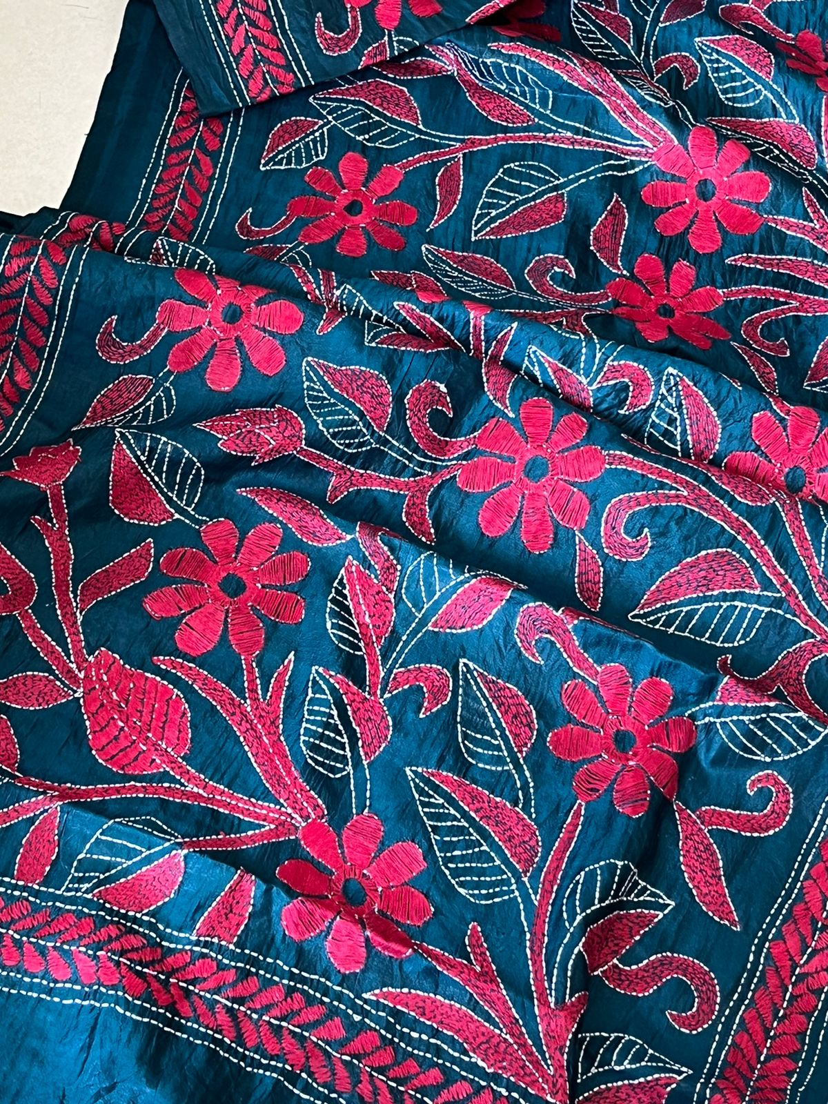 Pure Silk Kantha Hand Embroidered Stole - Blue and Pink