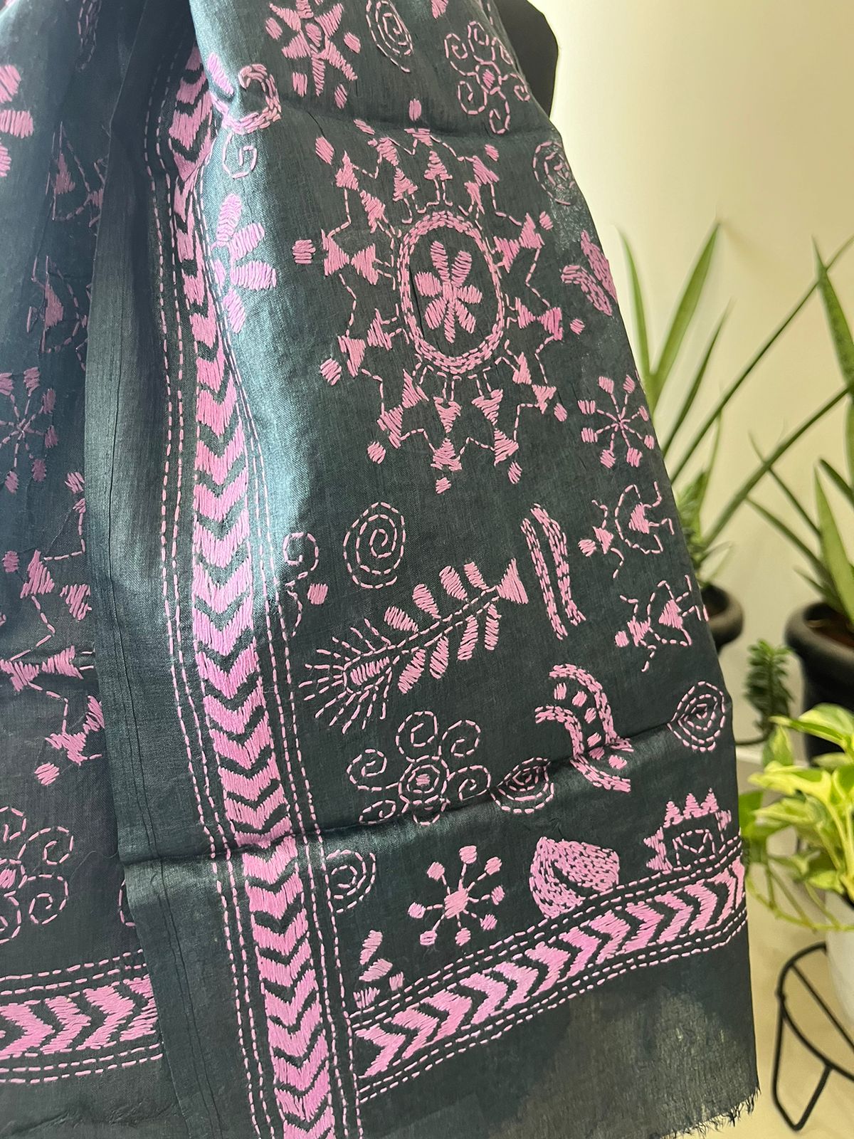 Pure Silk Kantha Hand Embroidered Stole - Black and Pink