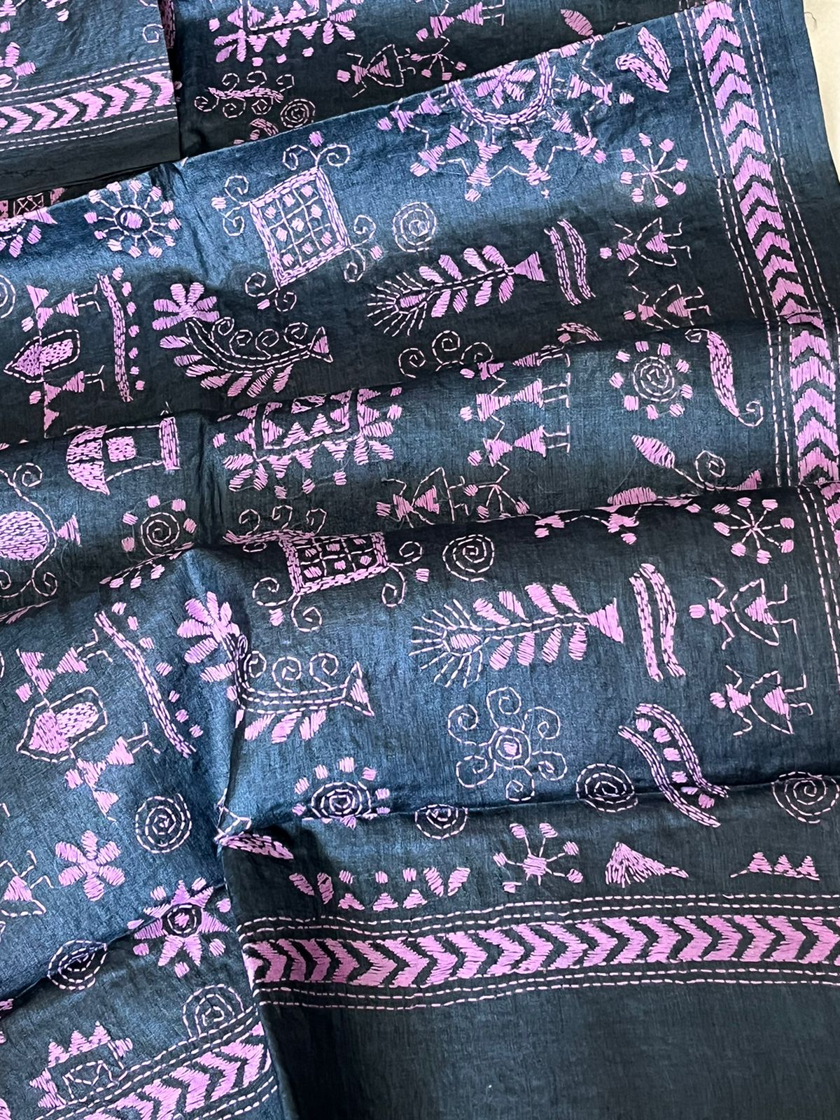 Pure Silk Kantha Hand Embroidered Stole - Black and Pink