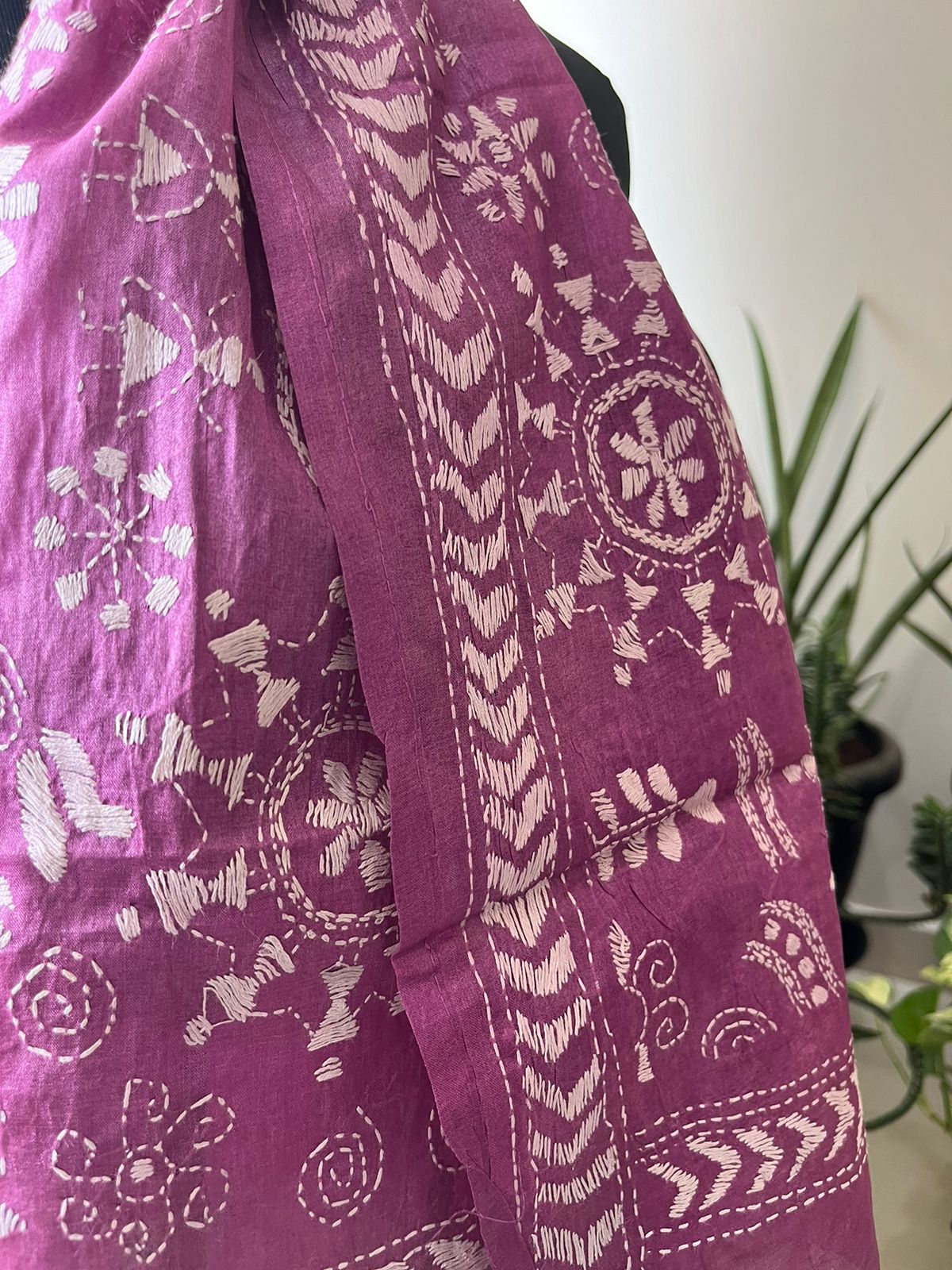 Pure Silk Kantha Hand Embroidered Stole - Mauve