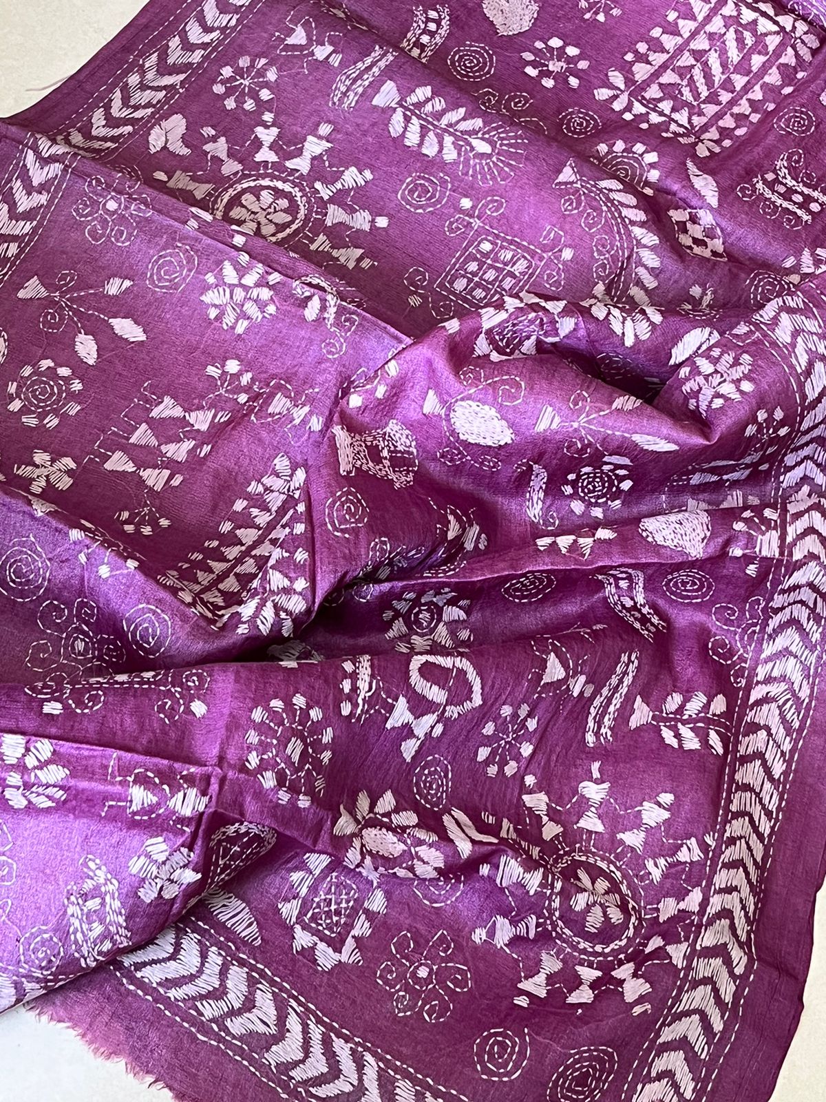 Pure Silk Kantha Hand Embroidered Stole - Mauve
