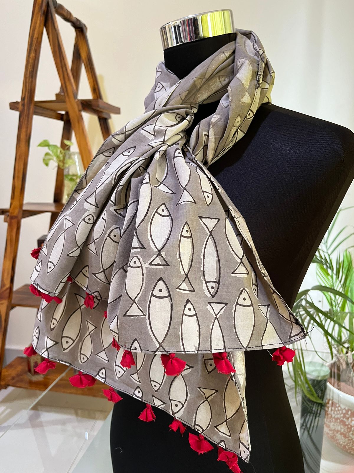 Pure Mul Cotton Hand block Printed Stole with Tassels