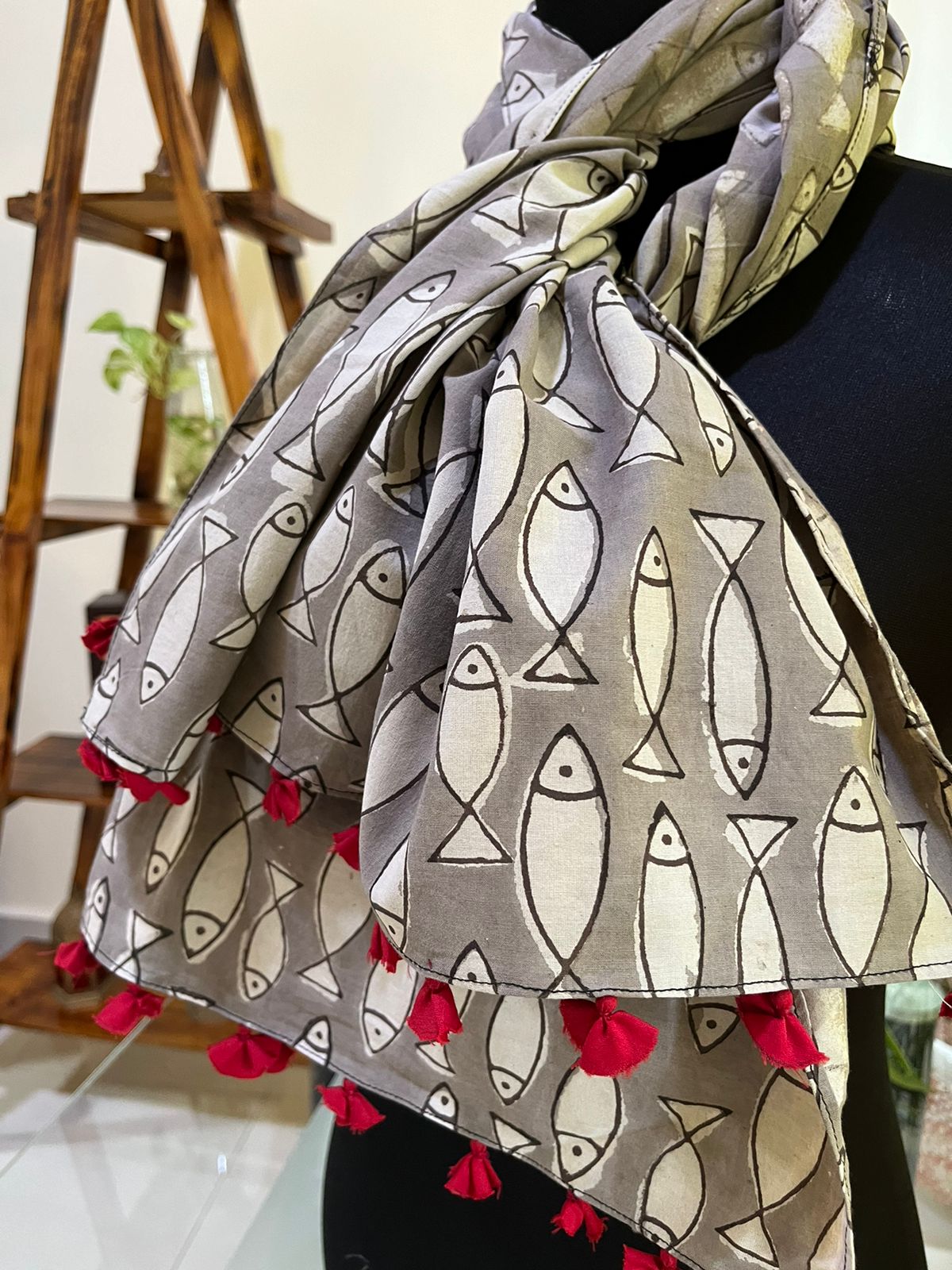 Pure Mul Cotton Hand block Printed Stole with Tassels