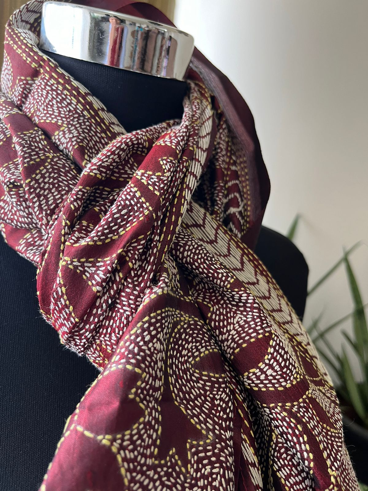 Pure Silk Kantha Hand Embroidered Stole - Maroon