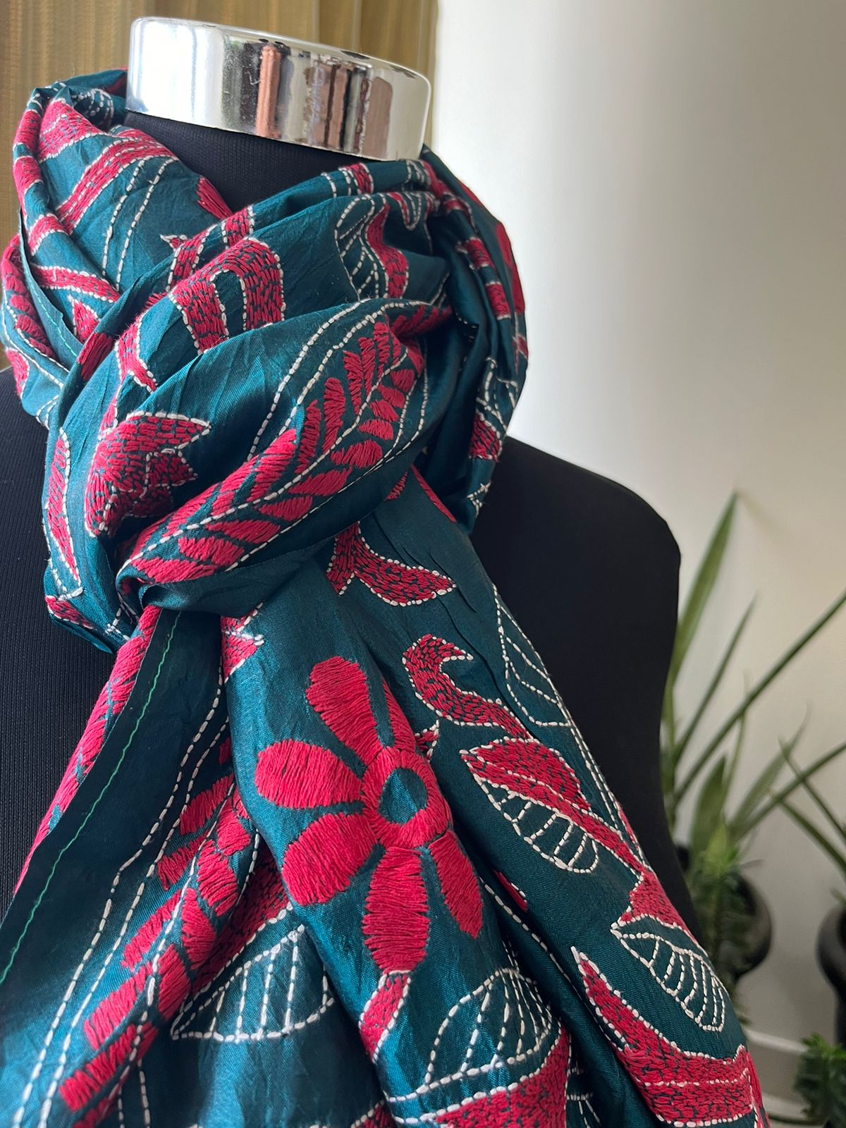 Pure Silk Kantha Hand Embroidered Stole - Blue and Pink