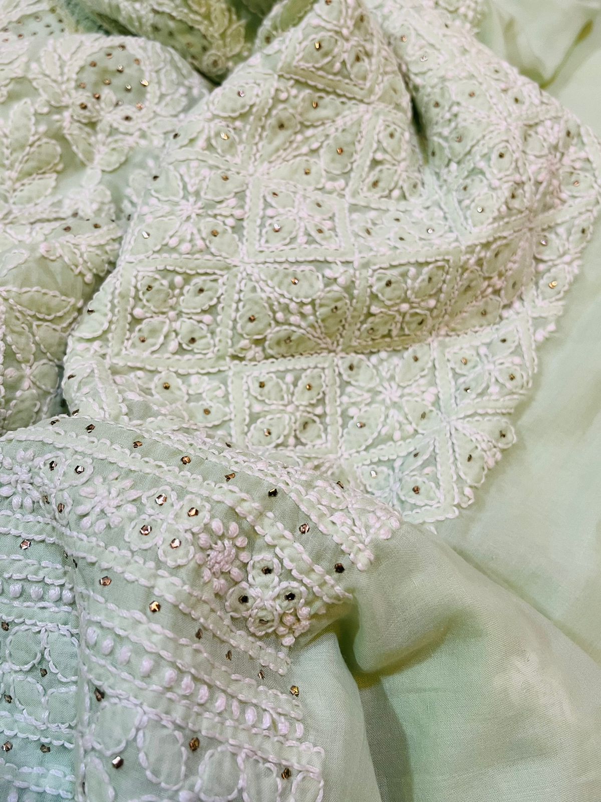 Pure mul cotton Hand Embroidered Chikankari Party Wear 3 piece suit - Pista Green