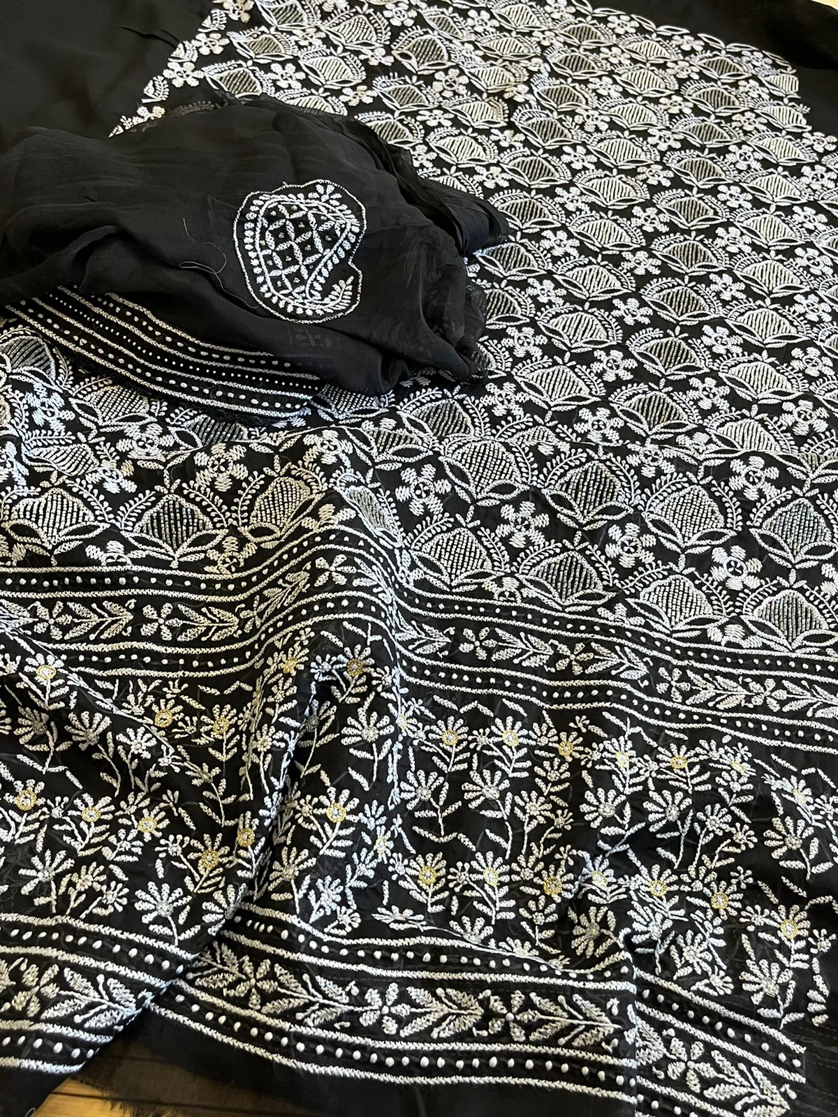 Pure mul cotton Hand Embroidered Chikankari Party Wear 3 piece suit - Black