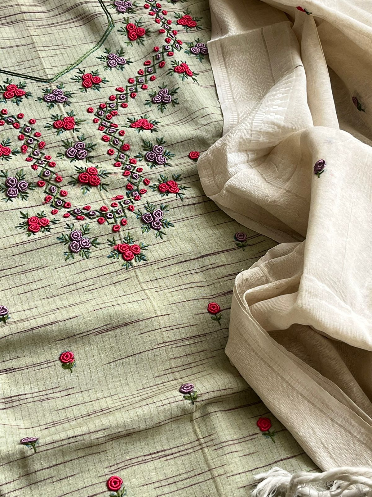 Pure cotton 3-piece suits with French Knot Embroidery work