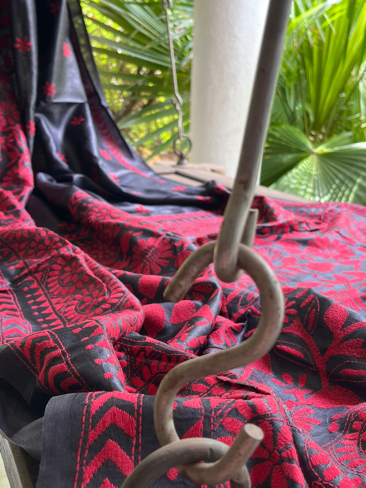 Pure Tussar Silk Handwoven Saree with hand Kantha Embroidery - Charcoal Black with Red