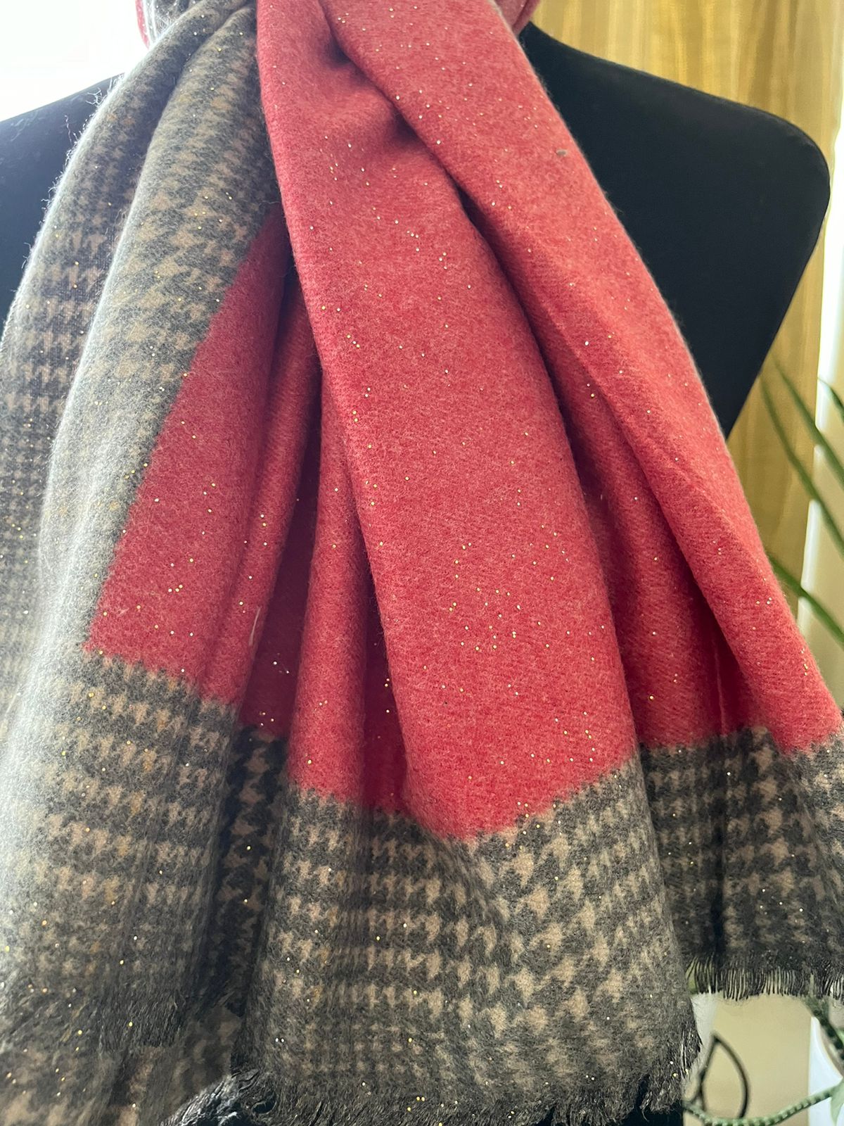 Soft and comfortable woollen stole with border and shimmer - Pastel Red and Grey