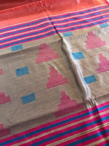 Pure Handwoven Raw Silk Saree- Light orange Grey