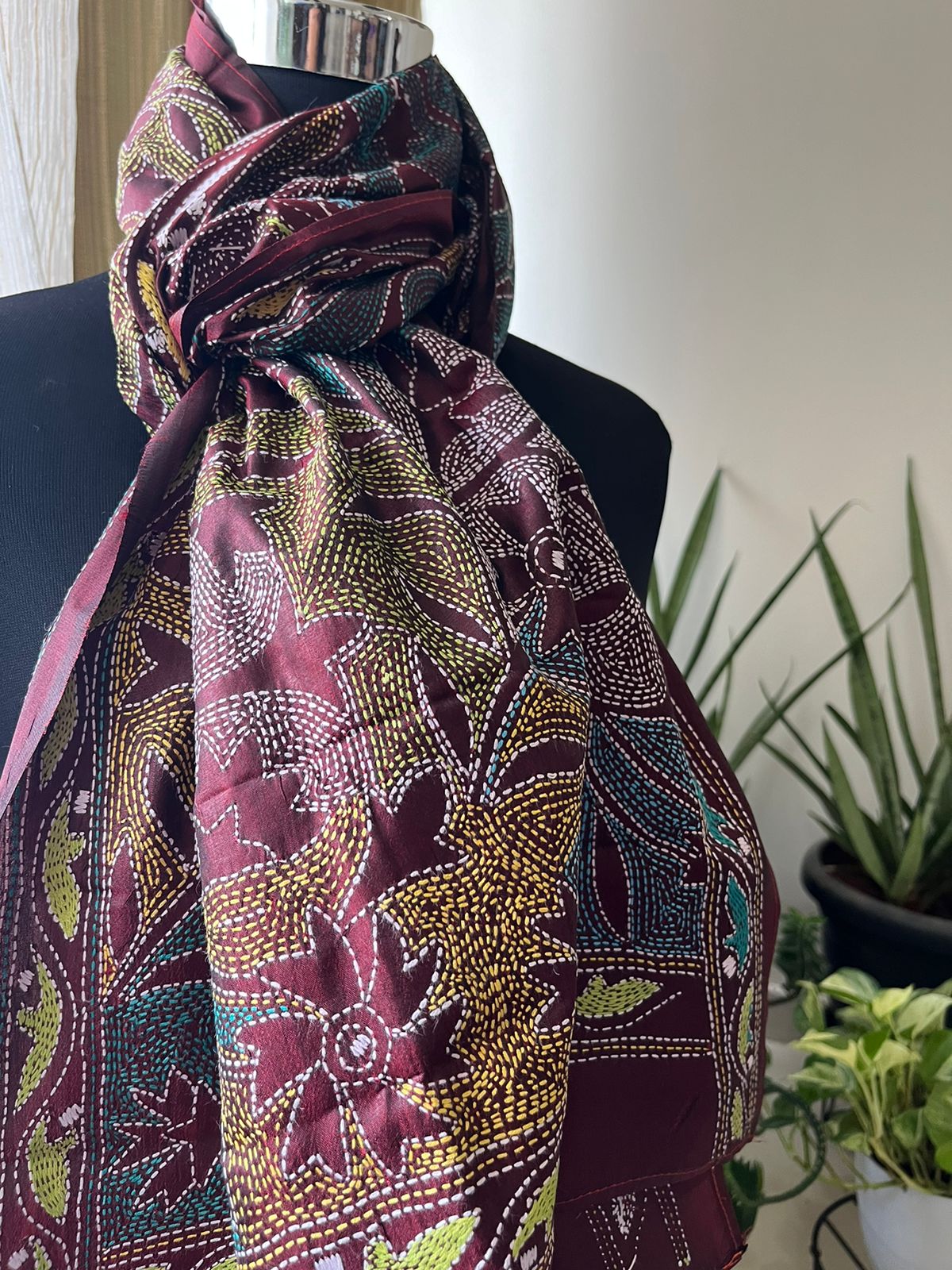 Pure Silk Kantha Hand Embroidered Stole - Maroon