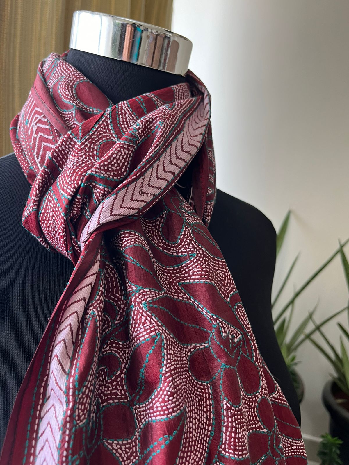 Pure Silk Kantha Hand Embroidered Stole - Wine Red
