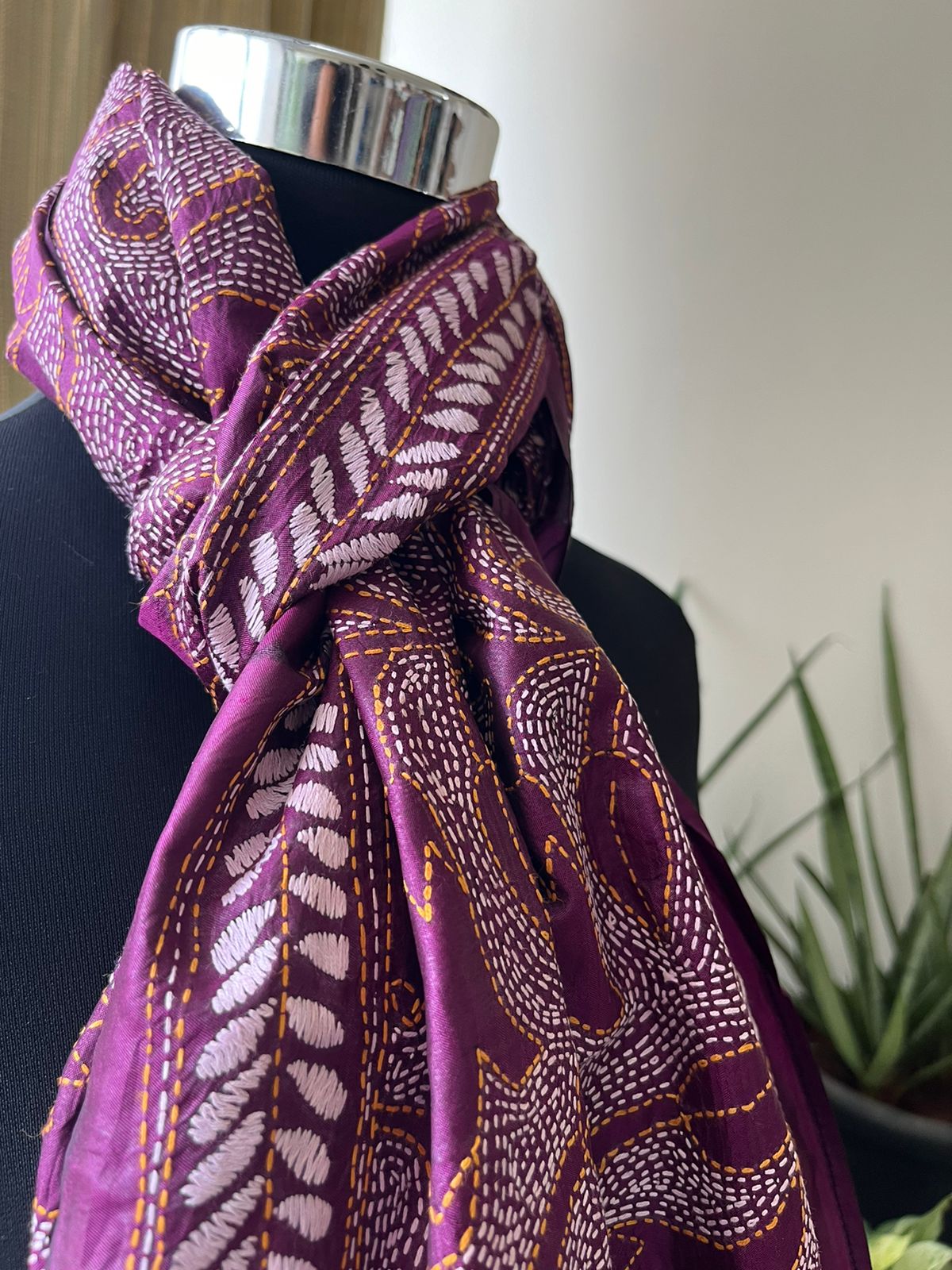 Pure Silk Kantha Hand Embroidered Stole - Maroon