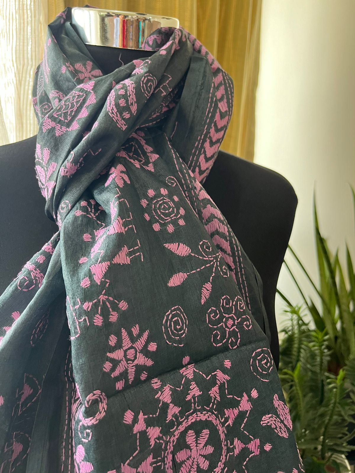 Pure Silk Kantha Hand Embroidered Stole - Black and Pink
