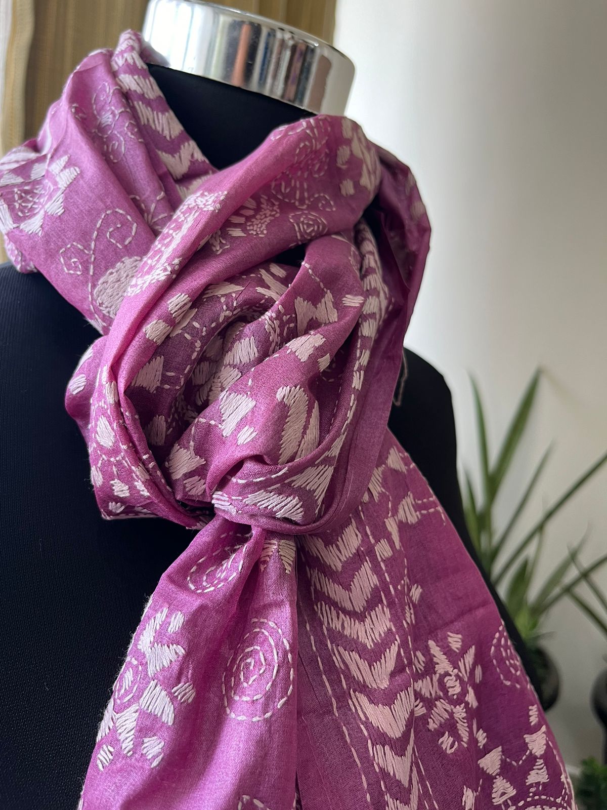 Pure Silk Kantha Hand Embroidered Stole - Mauve