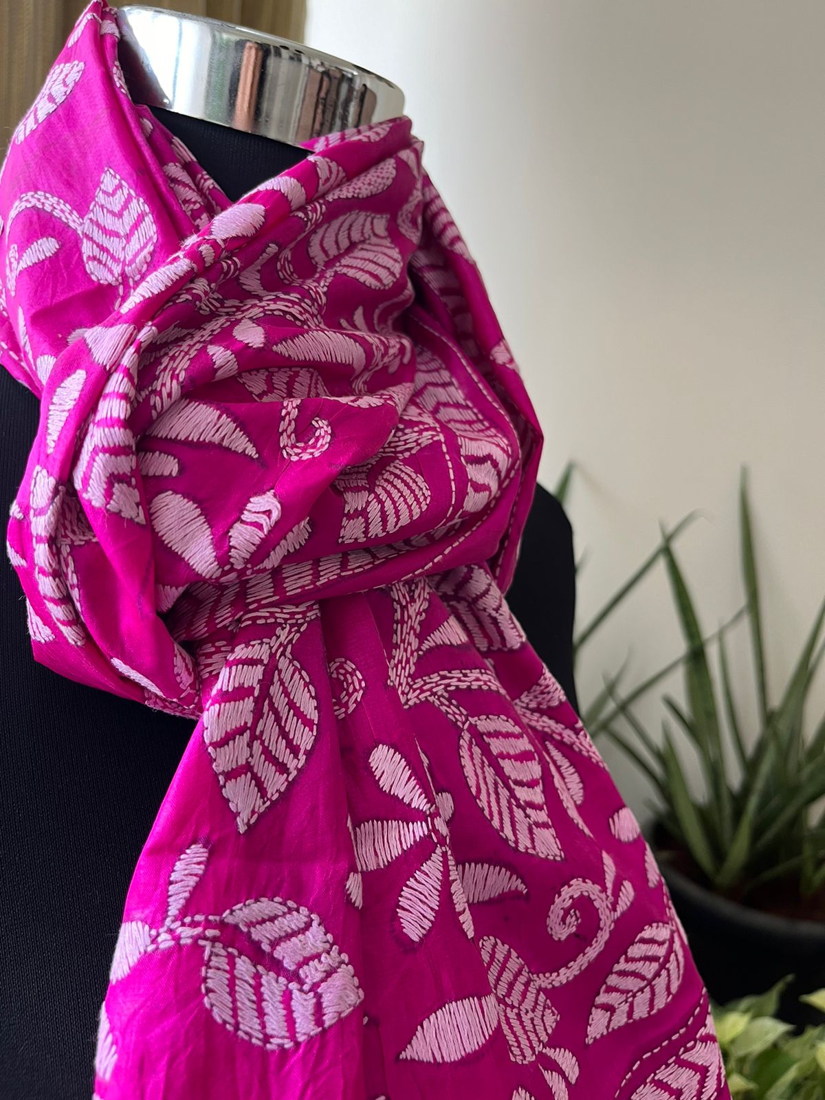 Pure Silk Kantha Hand Embroidered Stole - Pink