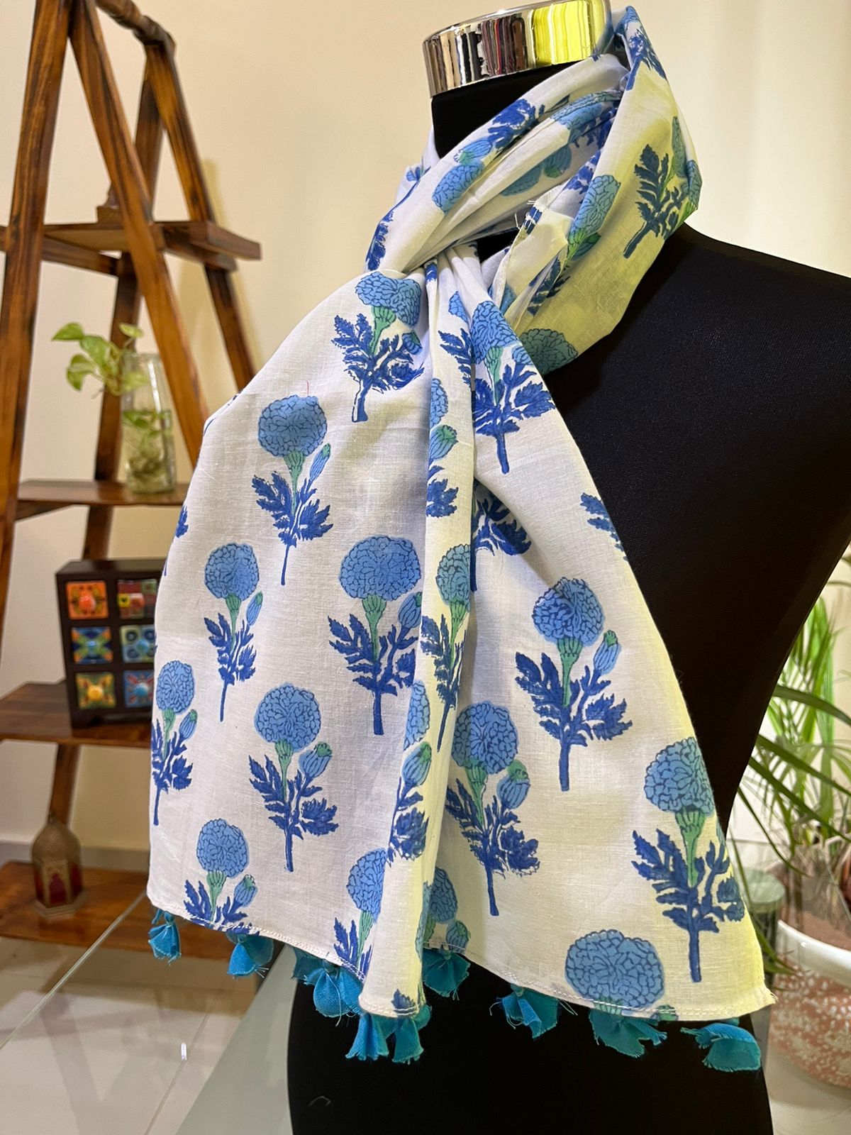 Pure Mul Cotton Hand block Printed Stole with Tassels